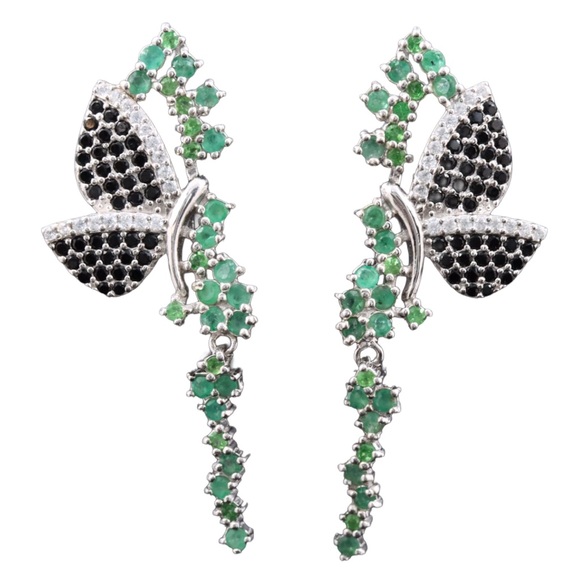STERLING SILVER 925 GENUINE EMERALD &  SAPPHIRE W/CUBIC ZIRCONIA EARRINGS